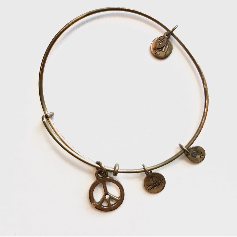 Alex and Ani Peace Sign Charm Bangle Bracelet Antique Gold Tone